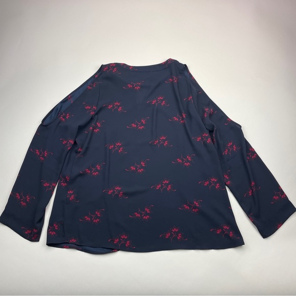 LOFT Women's Size Large Cold Shoulder Blue Floral Long Sleeve V-Neck Blouse - Picture 6 of 14